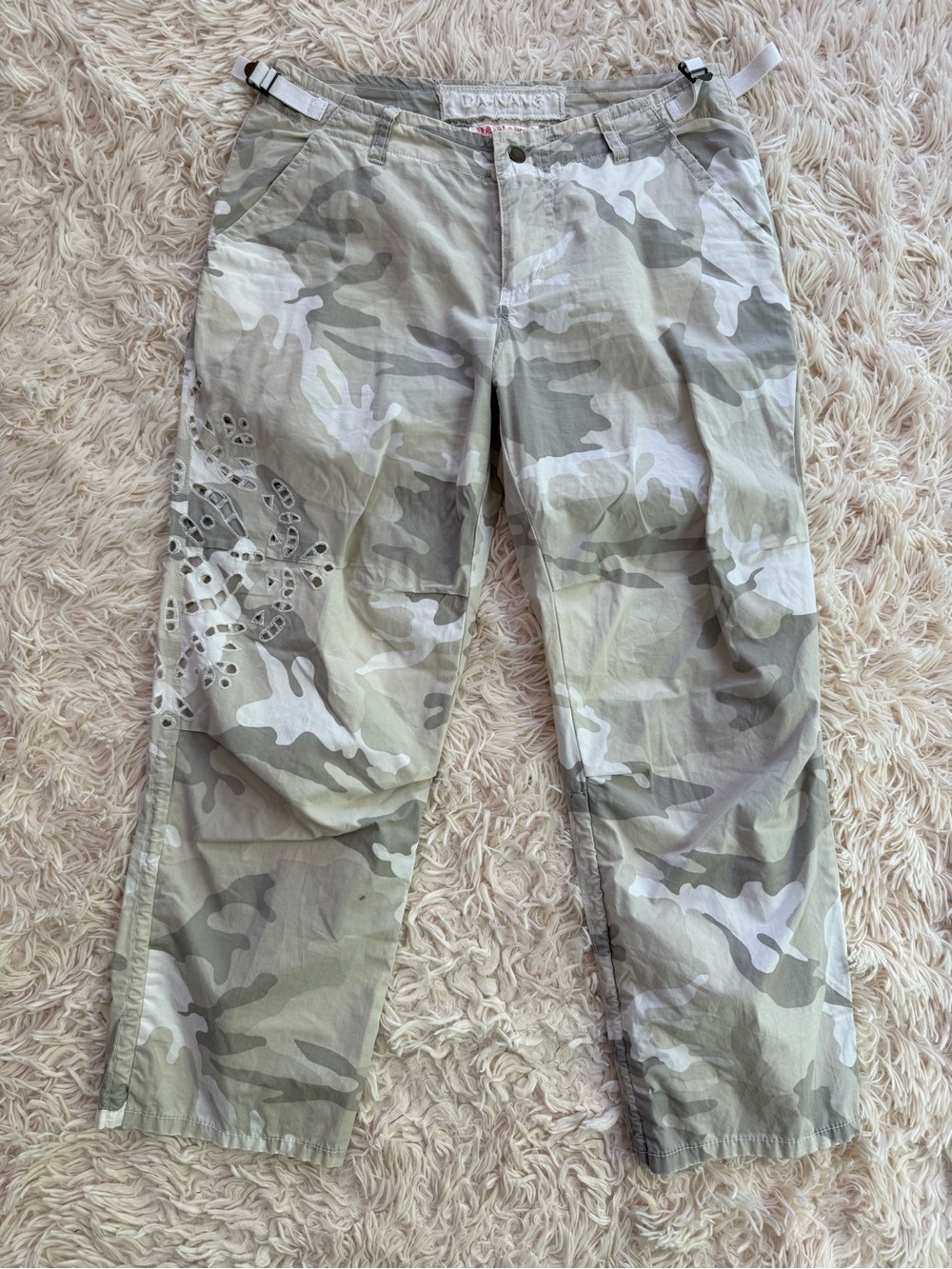 Da-Nang Camo Embroidered Crop Pants Eyelet Lace Cotton Cargo Boho XS